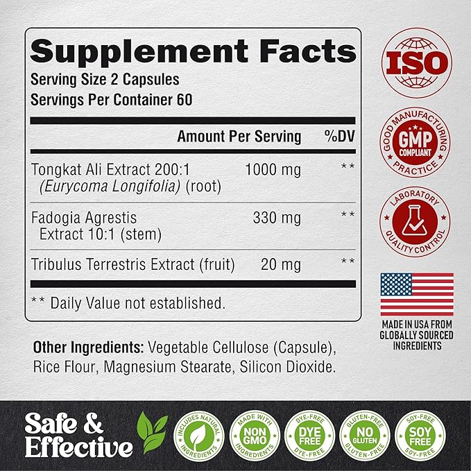 Tongkat Ali Men 1350mg Complex - Fadogia Agrestis | Tribulus Terrestris - Energy, Strength & Performance Support - Extra Strength 200:1 Extract - 3rd Party Tested, Made in USA - 120 Capsules / 2 Month
