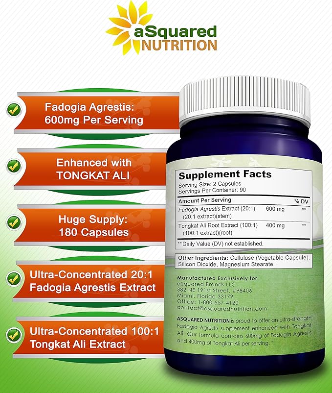 aSquared Nutrition Fadogia Agrestis 600mg and Tongkat Ali 400mg Supplement (180 Capsules) - Fadogia Agrestis Extract & Powder Complex Pills for Men & Women