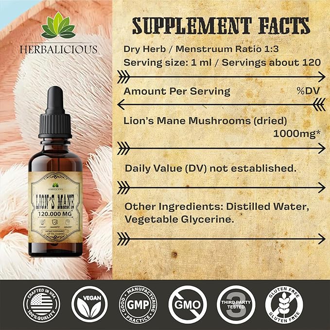Lion’s Mane Liquid Mushroom Supplement – Premium Mushroom Extract Brain Supplement for Memory Focus, Clarity and Nerve Support – Non-Gluten and Non-GMO Supplement Lions Mane 4 Fl Oz