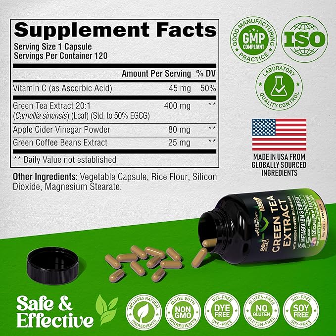 Green Tea Extract Capsules with Green Coffee Beans & Apple Cider Vinegar - Energy & Metabolism Support - Green Tea Supplement 50% EGCG - 20:1 Natural Extract - for Men & Women - 120 Vegan Capsules