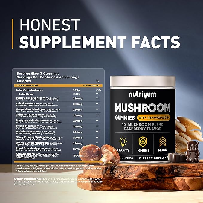 Mushroom Gummies 10 Blend 120 pcs - Lions Mane, Ashwagandha, Turkey Tail, Cordyceps, Chaga, Reishi Mushroom Complex - Mushroom Supplement for Immune, Energy, Clarity & Cognitive