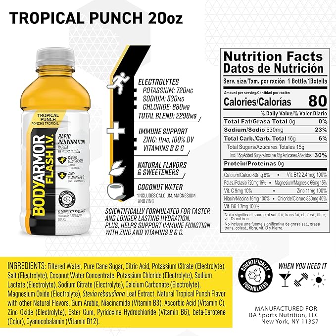 BODYARMOR Flash I.V. Electrolyte Beverage, Tropical Punch, Hydration Drink with Coconut Water For Rapid Rehydration, Post Workout Recovery, 20 Fl Oz (Pack of 12)