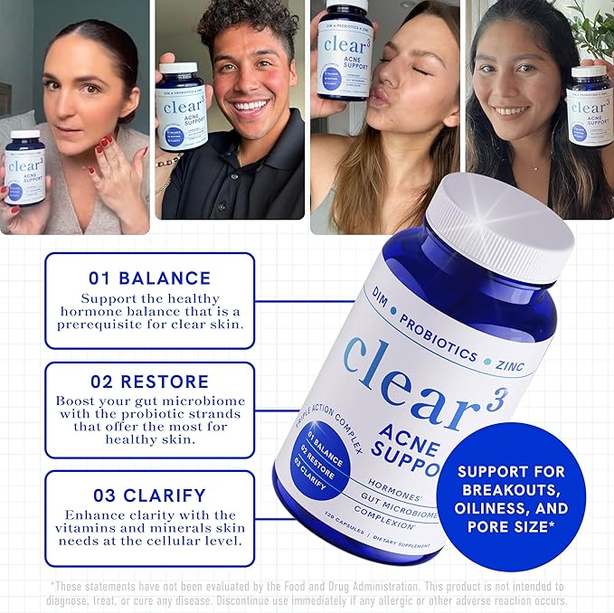 Clear Skin Acne Supplement with Zinc, DIM & Probiotics | 3-in-1 Balance, Clarify, Restore Support with Hyaluronic Acid & Skin Support Vitamins | for Women & Men | Oral Hormonal Acne Pills | 120 Ct
