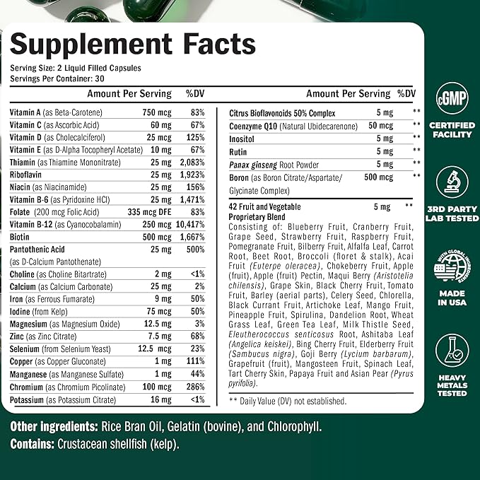 Multivitamin for Men - Daily Mens Multivitamins & Multiminerals with Vitamin D, Vitamin C, B12 Zinc, Iron. Essential Vitamins for Men - Energy, Focus, Stamina, Performance, Mens Health. 60 Liquid Caps