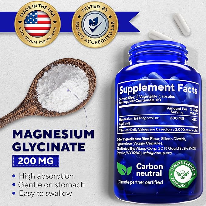 Magnesium Glycinate 200mg - USA Made Magnesium Supplement for Sleep, Heart, Bones, Metabolism Support - High Absorption Magnesium Bisglycinate Capsules - 120 Vegan Chelated Capsules