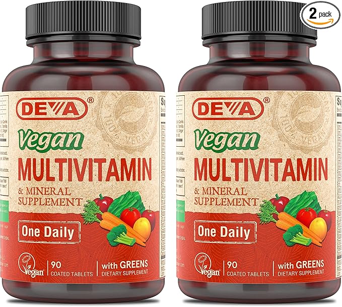 DEVA Vegan Multivitamin & Mineral Supplement with Iron 2-Pack, Spirulina, Chlorella, Ashwagandha, Broccoli & More, 90 Coated Tablets Each