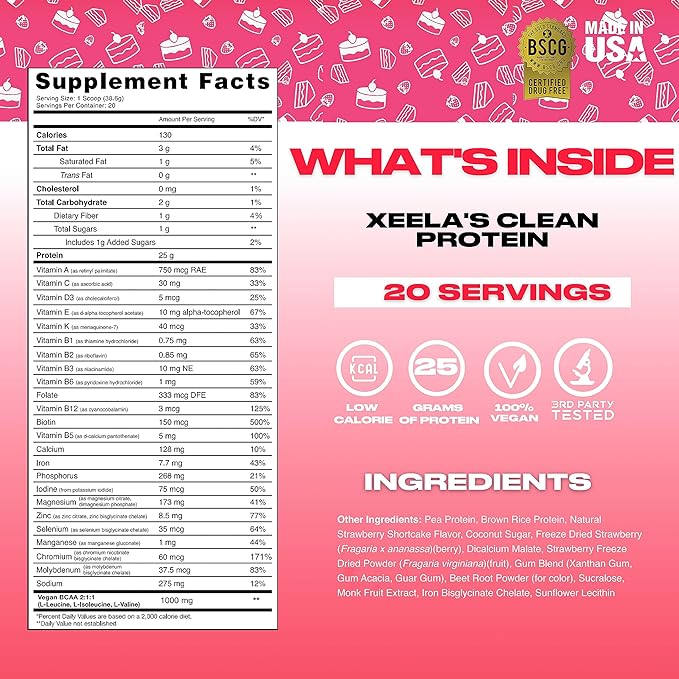 XEELA Plant Based Vegan Protein Powder - Independently Tested - 25g High Protein, Pea Protein for Men & Women - Vitamins & Minerals, Non GMO, Dairy & Gluten Free, LowCarb & LowFat (Strawberry Cake)