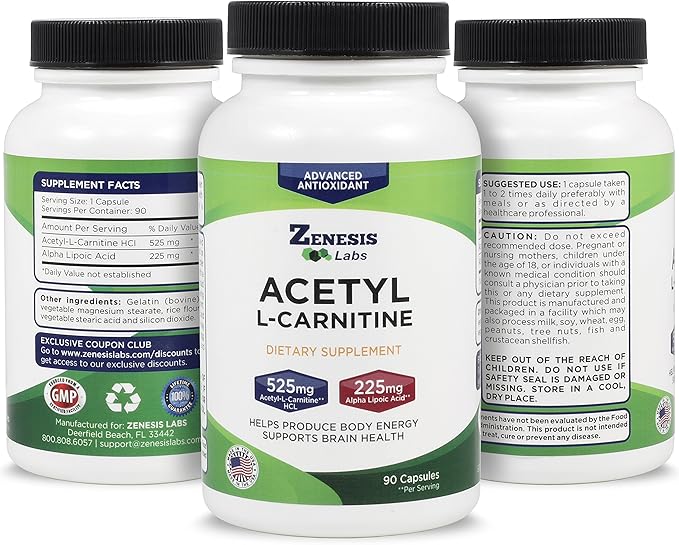 Zenesis Labs Acetyl L-Carnitine with Alpha Lipoic Acid Bulk 3-Bottle, 270 Capsule Supply (90 Capsules/Bottle)