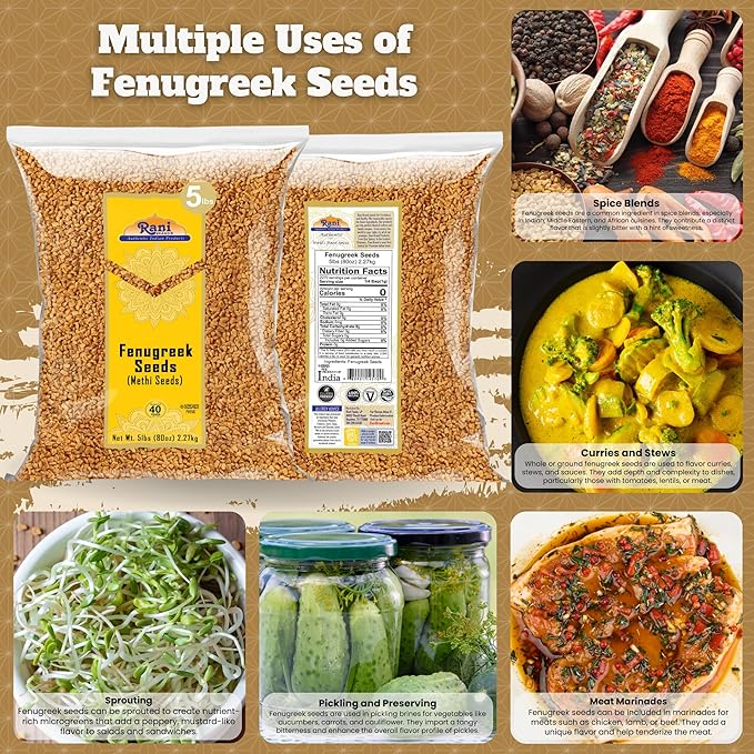 Rani Fenugreek (Methi) Seeds Whole 80oz (5lbs) 2.27kg Bulk Trigonella foenum graecum ~ All Natural | Vegan | Gluten Friendly | Non-GMO | Kosher | Indian Origin, used in cooking & Ayurvedic spice