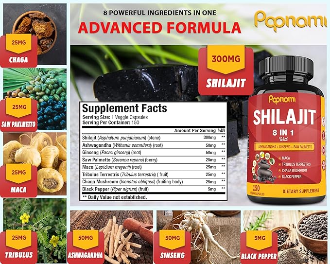 Shilajit Himalayan Supplement for Men & Women - 150 Capsules Combined Ashwagandha, Ginseng, Saw Palmetto, Maca, Tribulus, Chaga & Black Pepper - Vitality Energy and Immune Supports