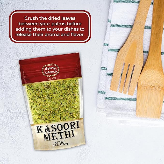 Spicy World Dried Fenugreek Leaves (Kasoori Methi) 3.5oz Box (100g) - All Natural | Vegan | Gluten Friendly | NON-GMO | Indian