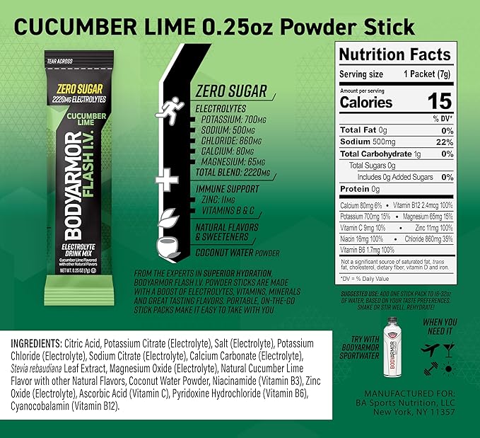 BODYARMOR Flash IV Electrolyte Packets, Cucumber Lime - Zero Sugar Drink Mix, Single Serve Packs, Coconut Water Powder, Hydration for Workout, Travel Essentials, Just Add Sticks to Liquid (15 Count)