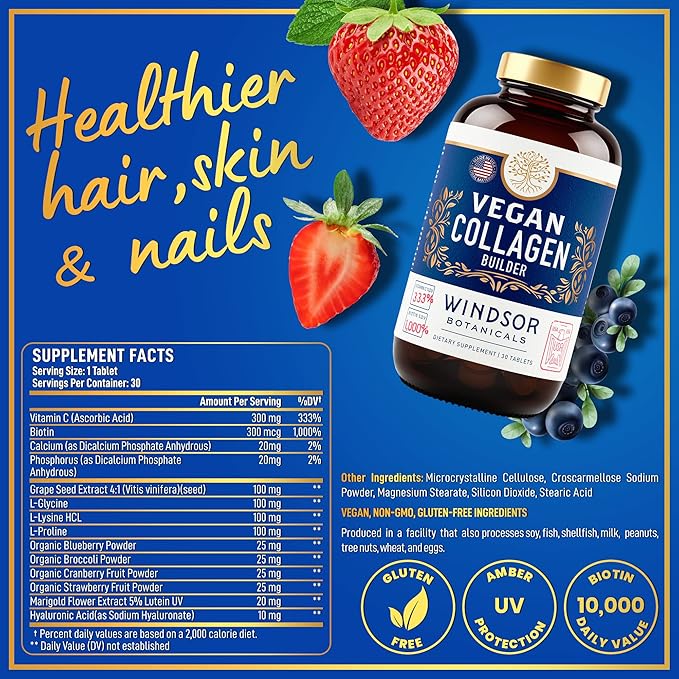 Vegan Collagen for Women and Men Supplements - Vitamin C, Biotin, Amino Acids Glycine, Lysine, Proline, Organic Fruit & Vegetable Powder - Once A Day - 30 Plant Based Collagen Boost Tablets