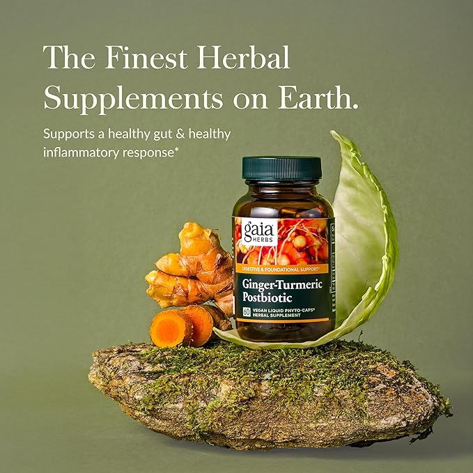 Gaia Herbs Ginger-Turmeric Postbiotic - Premium Digestive Support Supplement for Gut Health - Made with Fermented Turmeric & Ginger - Free from Dairy, Soy & Gluten - 60 Vegan Capsules (30 Servings)