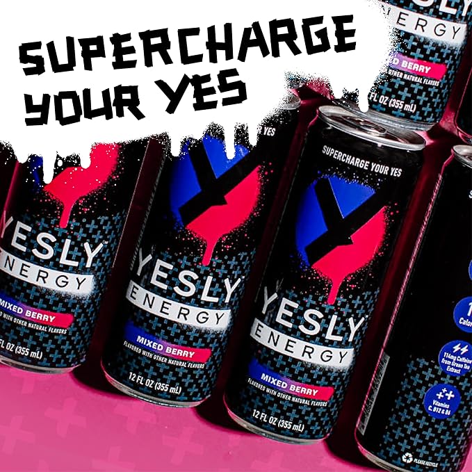 Yesly Energy Drink, Mixed Berry, Naturally Flavored Sparkling Energy Water With Electrolytes, Magnesium, Potassium, Vitamin C, B6 & B12, Natural Caffeine From Green Tea, 12 Fl Oz Cans, 12 Pack