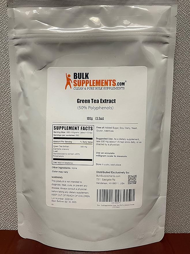 BulkSupplements.com Green Tea Extract Powder - 50% Polyphenol, Green Tea Supplement, Herbal Supplement - Gluten Free, 500mg per Serving, 100g (3.5 oz) (Pack of 1)