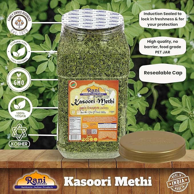Rani Fenugreek Leaves Dried (Kasoori Methi) 17.5oz (1.1lbs) 500g Bulk PET Jar ~ All Natural | Vegan | Gluten Friendly | NON-GMO | Kosher | Indian Origin