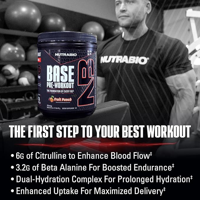 NutraBio Base Pre-Workout Powder 200mg Caffiene, Sustained Energy, Focus, Endurance, Pump, Sugar Free, Clean Preworkout for Men and Women - Beta Alanine, L-Tyrosine, 30 Servings - Fruit Punch