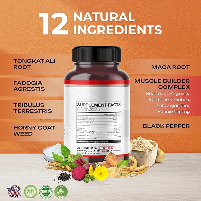 Ultra Test Capsule 12 in 1 Complex with L-Arginine, Fadogia Agrestis, Tribulus Terrestris, Maca Root, Beetroot, L-Citrulline, Creatine - USA Made (90-Day Supply)