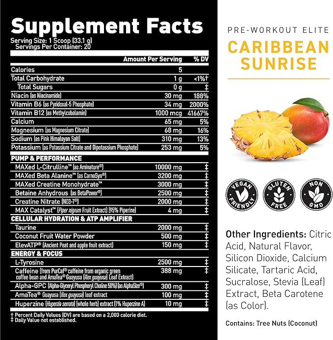 Kaged Pre Workout Powder Pre-Workout Elite for Men & Women High Stimulant for Energy, Focus, Pumps L-Citrulline, Beta Alanine, Creatine & 388mg of Organic Caffeine Caribbean Sunrise Servings