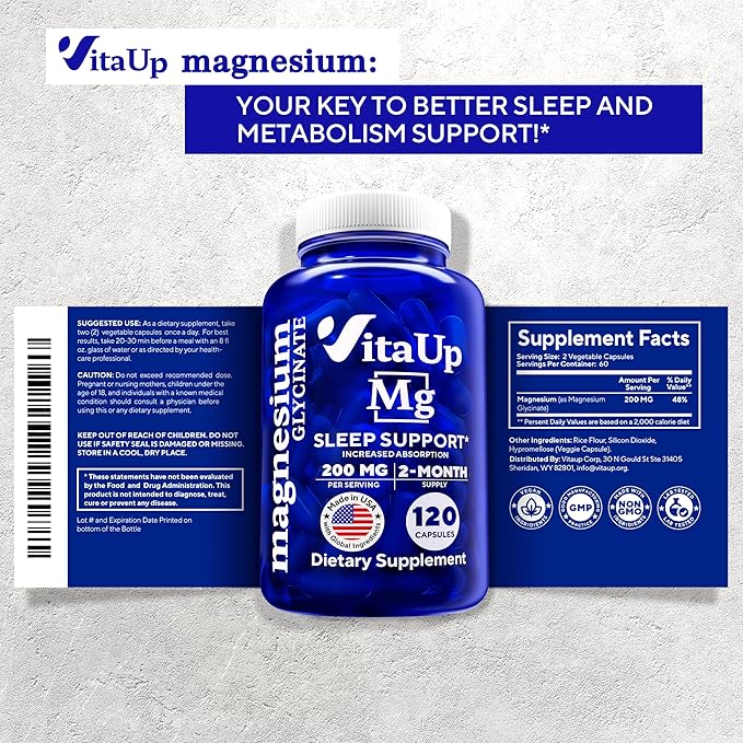 Magnesium Glycinate 200mg - USA Made Magnesium Supplement for Sleep, Heart, Bones, Metabolism Support - High Absorption Magnesium Bisglycinate Capsules - 120 Vegan Chelated Capsules