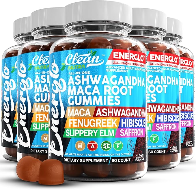Ashwagandha Maca Root Gummies with Fenugreek Hibiscus Slippery Elm Saffron Extract & Beta Carotene | Peach Flavor Vegan Gummy Vitamins Adaptogen Cortisol Supplement Energlo by Clean Nutra (5)