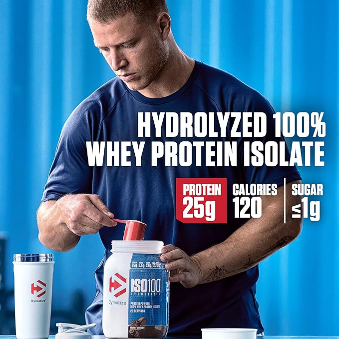 Dymatize x Dunkin' Mocha Latte ISO100 Whey Protein Powder, 95mg Caffeine, 25g of Protein, 20 Servings, 5.5g BCAAs, 120 Cal., Gluten Free, 1g Fat, 1g Sugar, 3g Carb