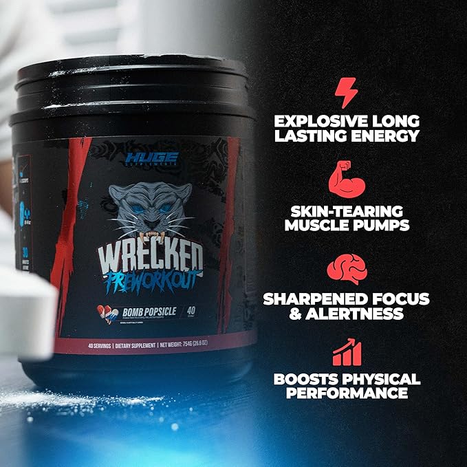 Wrecked Pre Workout Powder, Advanced Formula, Boosts Energy, Focus, Pumps & Performance, 10g L-Citrulline, 6.4g Beta Alanine, 5g Tyrosine, 1g Alpha GPC, 375mg Fast-Acting Caffeine & More (40 Servings)