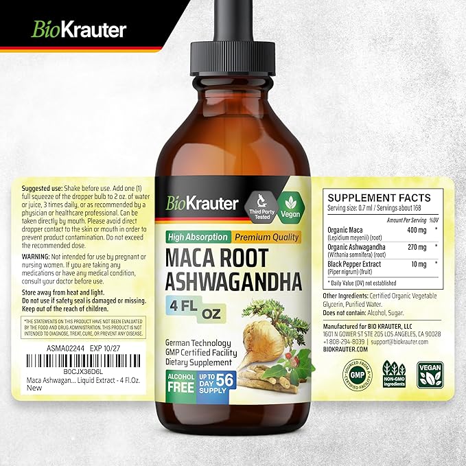 BIO KRAUTER Maca Root and Ashwagandha Tincture - Maca & Ashwagandha Supplements for Men & Women - Adaptogenic Liquid Supplement for Mood Support - Alcohol and Sugar Free Vegan Drops 4 Fl.Oz.