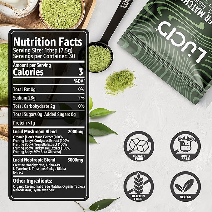 Lucid Superfood Organic Mushroom Matcha with Nootropics - Lion's Mane, Tremella, Cordyceps & Turkey Tail - Instant Mushroom Matcha Focus Brain Health - Alpha GPC, L-Theanine, Ginko Biloba - USA Made