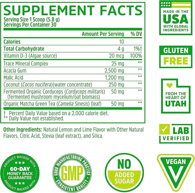 Zhou Nutrition Hydro Fuel, Sugar Free Electrolyte Powder, Replenish Nutrients, Restore Hydration, Natural Mineral Complex with Coconut Water Concentrate, Vegan, Gluten Free, Lemon Lime, 30 servings
