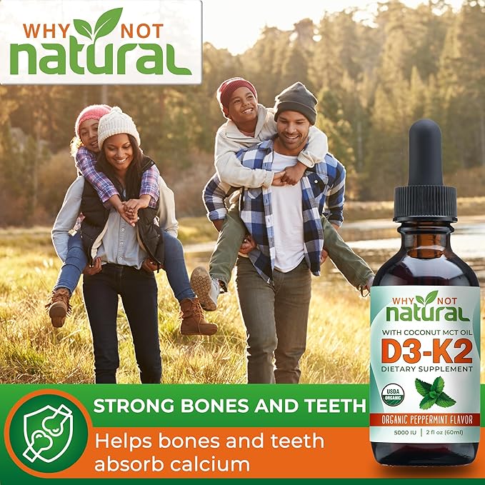 Why Not Natural Organic Vitamin D3 K2 (MK-7) Liquid Drops, 5000 IU of sublingual D3 with Coconut MCT Oil, for Strong Bones and Teeth, Heart and Immune Support