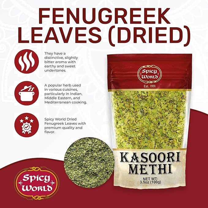 Spicy World Dried Fenugreek Leaves (Kasoori Methi) 3.5oz Box (100g) - All Natural | Vegan | Gluten Friendly | NON-GMO | Indian