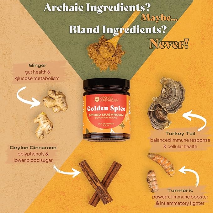 Golden Spice - Mushroom Golden Milk, Heirloom Turmeric Latte Spice Blend | Turkey Tail & Ashwagandha Adaptogens | Caffeine-Free Rooibos Matcha | No Milk or Sweetener Fillers
