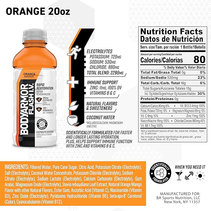 BODYARMOR Flash I.V. Electrolyte Beverage, Orange, Hydration Drink with Coconut Water For Rapid Rehydration, Post Workout Recovery, 20 Fl Oz (Pack of 12)