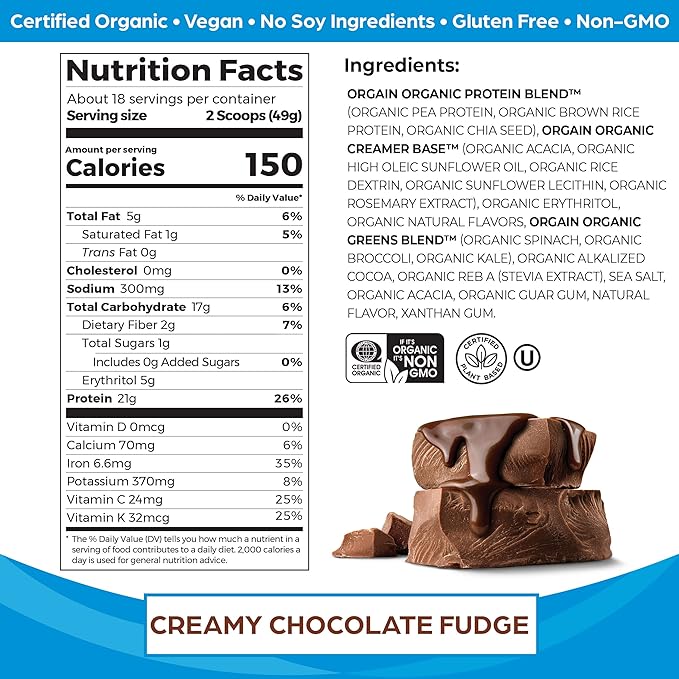 Orgain Organic Vegan Protein Powder + Greens, Creamy Chocolate Fudge - 21g Plant Based Protein, 7g Prebiotic Fiber for Gut Health, Gluten Free, No Lactose Ingredients, No Sugar Added, Non-GMO - 1.94lb
