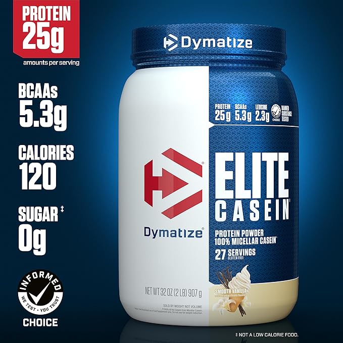 Dymatize Elite Casein Protein Powder, Slow Absorbing with Muscle Building Amino Acids, 100% Micellar Casein, 25g Protein, 5.4g BCAAs & 2.3g Leucine, Helps Overnight Recovery, Smooth Vanilla, 2 Pound