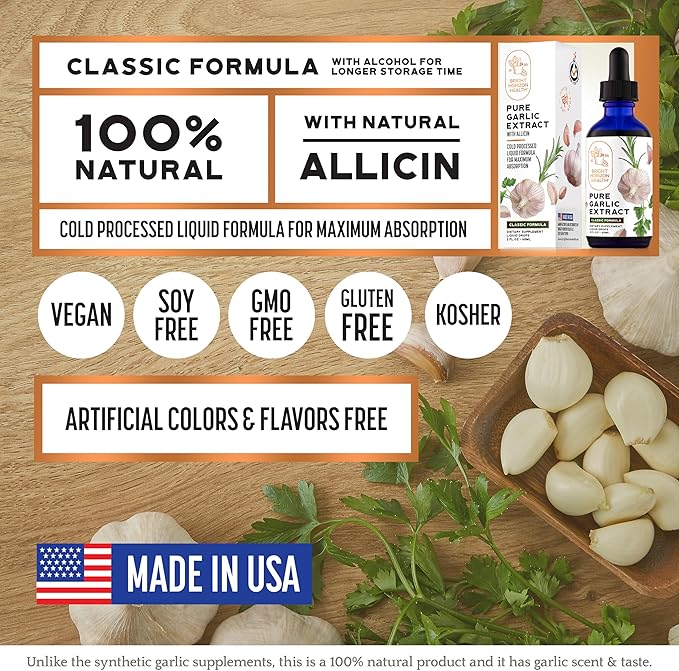 Pure Garlic Extract with Allicin Classic Formula Boost Immune Support Vegan Friendly Natural Supplement, Raw Organic Garlic in Liquid Form, Natural Superfood with Nutrients and Minerals (2 fl oz)