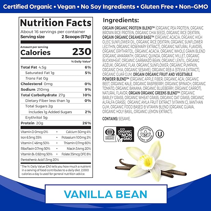 Orgain Organic Meal, Vegan Meal Replacement Protein Powder, Vanilla Bean - 20g Plant Based Protein, 6g Prebiotic Fiber, Fruits, Vegetables & Greens, Gluten Free, Shakes & Smoothies, 2.01lb