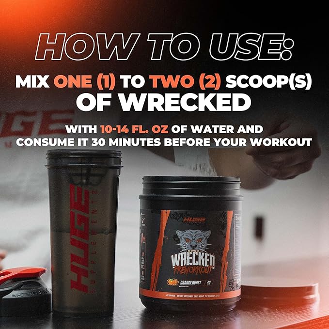 Huge Supplements Wrecked Pre-Workout, Advanced Formula, Boosts Energy, Focus, Pumps & Performance, 10g L-Citrulline, 6.4g Beta Alanine, 5g Tyrosine, 1g Alpha GPC, 375mg Fast-Acting Caffeine & More