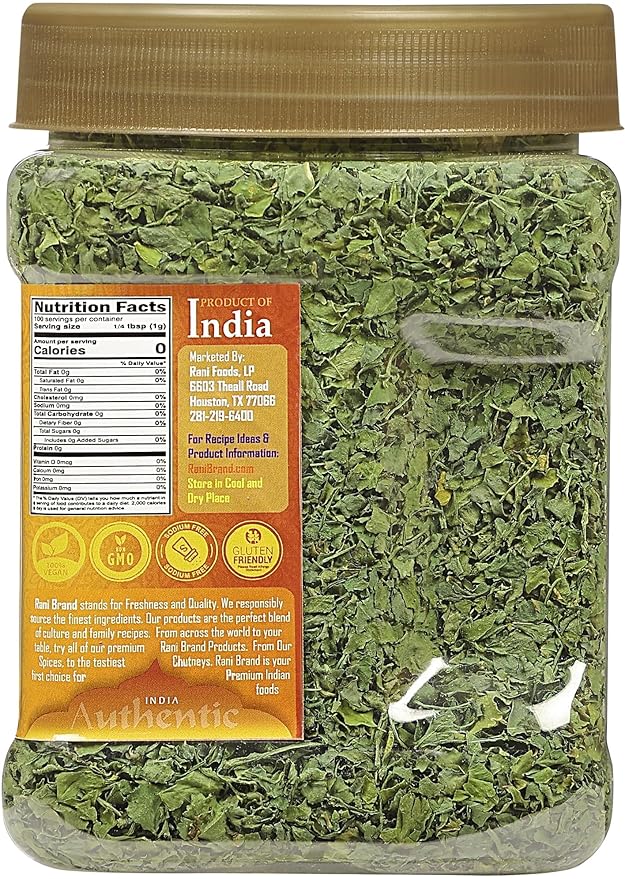 Rani Fenugreek Leaves Dried (Kasoori Methi) 3.5oz (100g) PET Jar ~ All Natural | Vegan | Gluten Friendly | NON-GMO | Kosher | Indian Origin