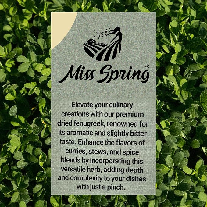 Miss Spring Dried Fenugreek Leaves | All Natural and Aromatic Kasoori Methi | Carefully Packaged in Resealable Bag | Dried Herbs Ideal for Cooking, Mediterranean, Salad and Curries - 6 Oz (170 g)