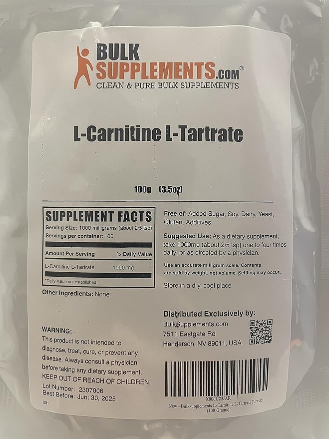 BulkSupplements.com L-Carnitine Tartrate Powder - Amino Acid Powder, Carnitine Supplement - Unflavored & Gluten Free, 1g per Serving, 100g (3.5 oz) (Pack of 1)