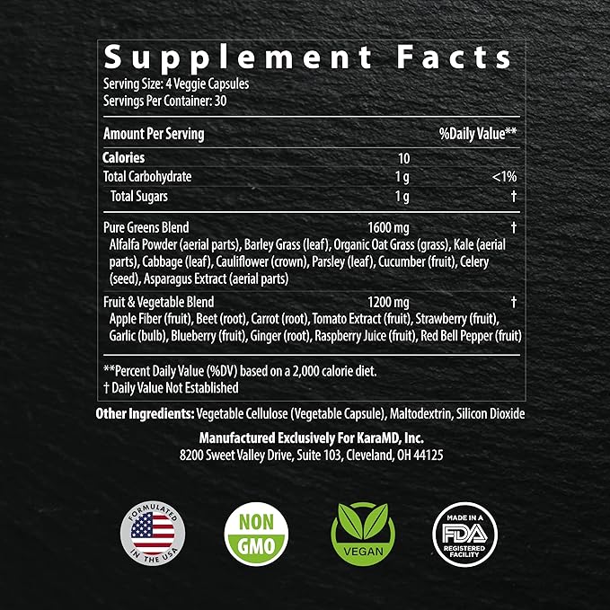 KaraMD Pure Nature | Greens, Fruit and Veggies Supplement | Vitamins, Fiber & Antioxidants | 20 Fruits and Vegetables Supplements for Energy & Digestion | Gluten Free & Vegan Friendly (4-Pack)
