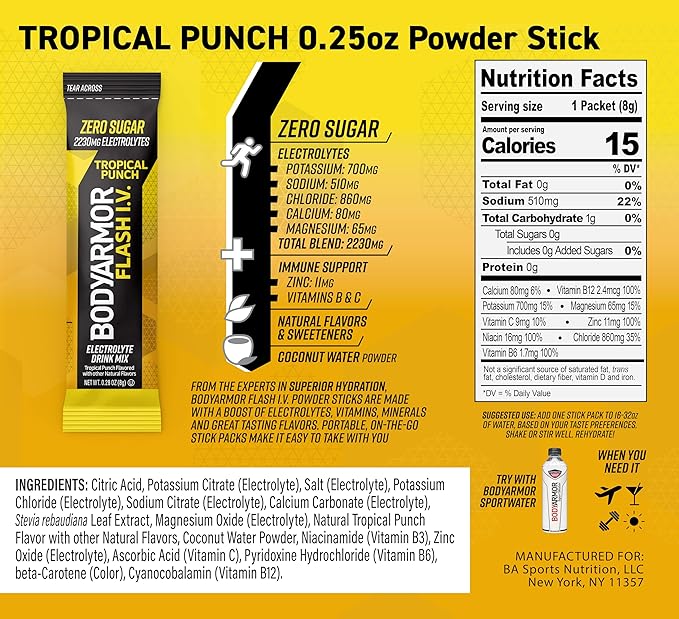 BODYARMOR Flash IV Electrolyte Packets, Strawberry Kiwi, Lemon Lime, & Tropical Punch Variety Pack - Zero Sugar Drink Mix, Single Serve Packs, Coconut Water Powder (15 Count)