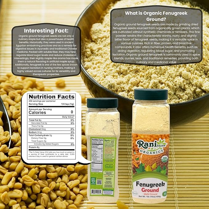 Rani Organic Fenugreek (Methi) Seeds Ground Powder 16oz (1lb) 454g Jar, Trigonella foenum graecum ~ All Natural | Vegan | Gluten Friendly | Non-GMO | Kosher | Indian Origin | USDA Certified Organic