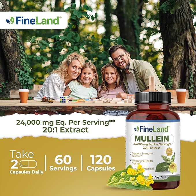 FineLand Mullein Leaf 20x Extract 24,000mg Eq. Per Serving, Max Strength Immune Support, Respiratory, Lung & Bronchial Support, Sinus, 120 Capsules, 2 Month Supply