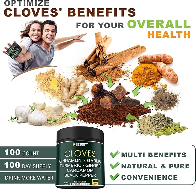 7in1 Clove Supplement Rich in Vitamins & Minerals Supports Digestion, Immune & Heart Health with Cinnamon, Turmeric, Ginger, Cardamom, Garlic & Black Pepper - 100 Vegan Capsules