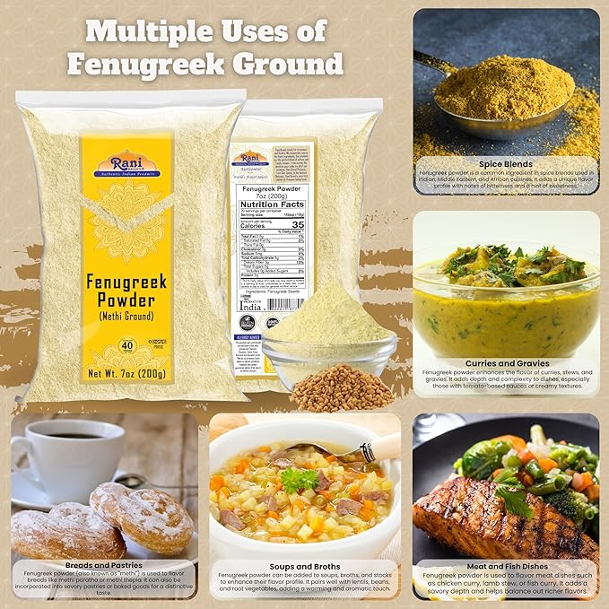 Rani Fenugreek (Methi) Seeds Ground Powder 7oz (200g) Trigonella foenum graecum ~ All Natural | Vegan | Gluten Friendly | Non-GMO | Kosher | Indian Origin, used in cooking & Ayurvedic spice