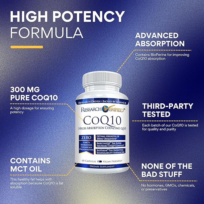 Research Verified CoQ10-100% Pure Extra Strength 300mg CoQ10 – Improved Absorption and Bioavailability with Bioperine - Boost Antioxidant Levels, Improve Cardiovascular Health, 60 Vegan Capsules